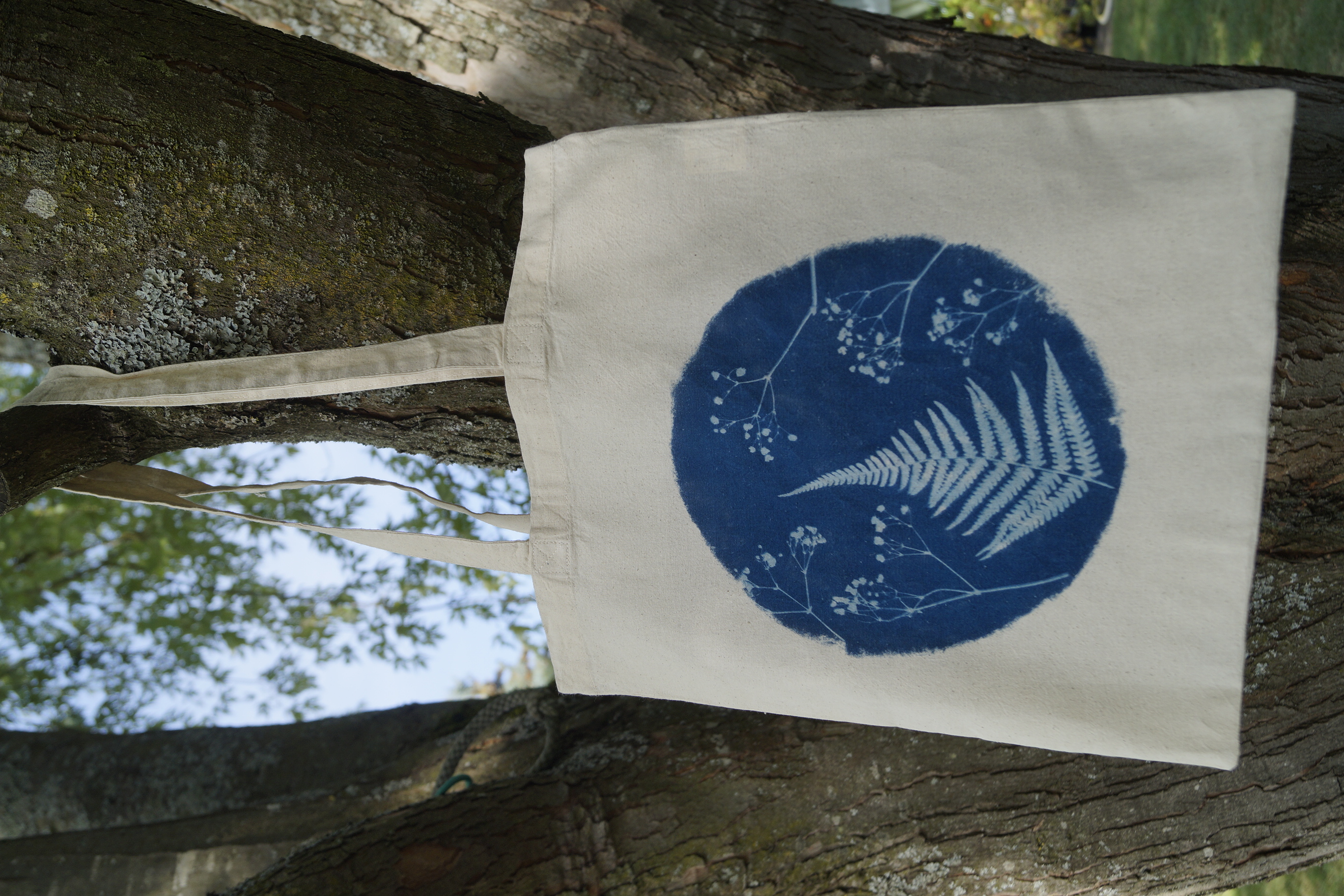 Cyanotype Baumwolltasche Farn und Schleierkraut